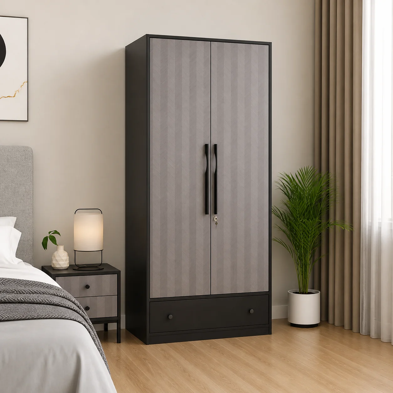 ChatGPT Image May 1, 2026, 11_36_13 AM Avren Engineered Wood Wardrobe with Textured Front & Drawer Storage (Chevron Pattern) - Image 1