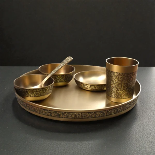 Matt 12Inch Kansa Utensil 6 Piece Embossed Designer Dinner Thali Set