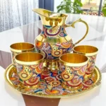 Royal Golden Steel Jug Glass Tray Set | Handcrafted Flower Lemon Set | Designer Drinkware